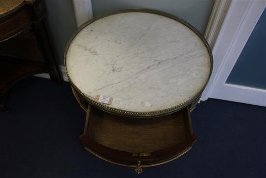 A Louis XVI style brass mounted mahogany bouillotte table, in the manner Adam Weisweiler, W.2ft 4in.